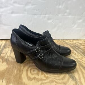 CLARKS ARTISAN Active Air Black Leather Prairie Chunky Heels Size 9.5M Cottage